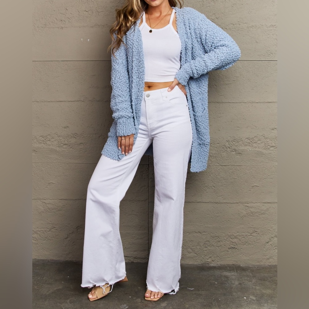 NEW Zenana Falling For You Full Size Open Front Popcorn Cardigan in Pastel Blue - Picture 3 of 6